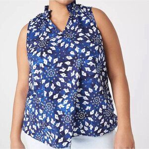 Lane Bryant Women’s Size 22/24 Ruffle Neck Woven & Knit Top Blue Shibori Diamond
